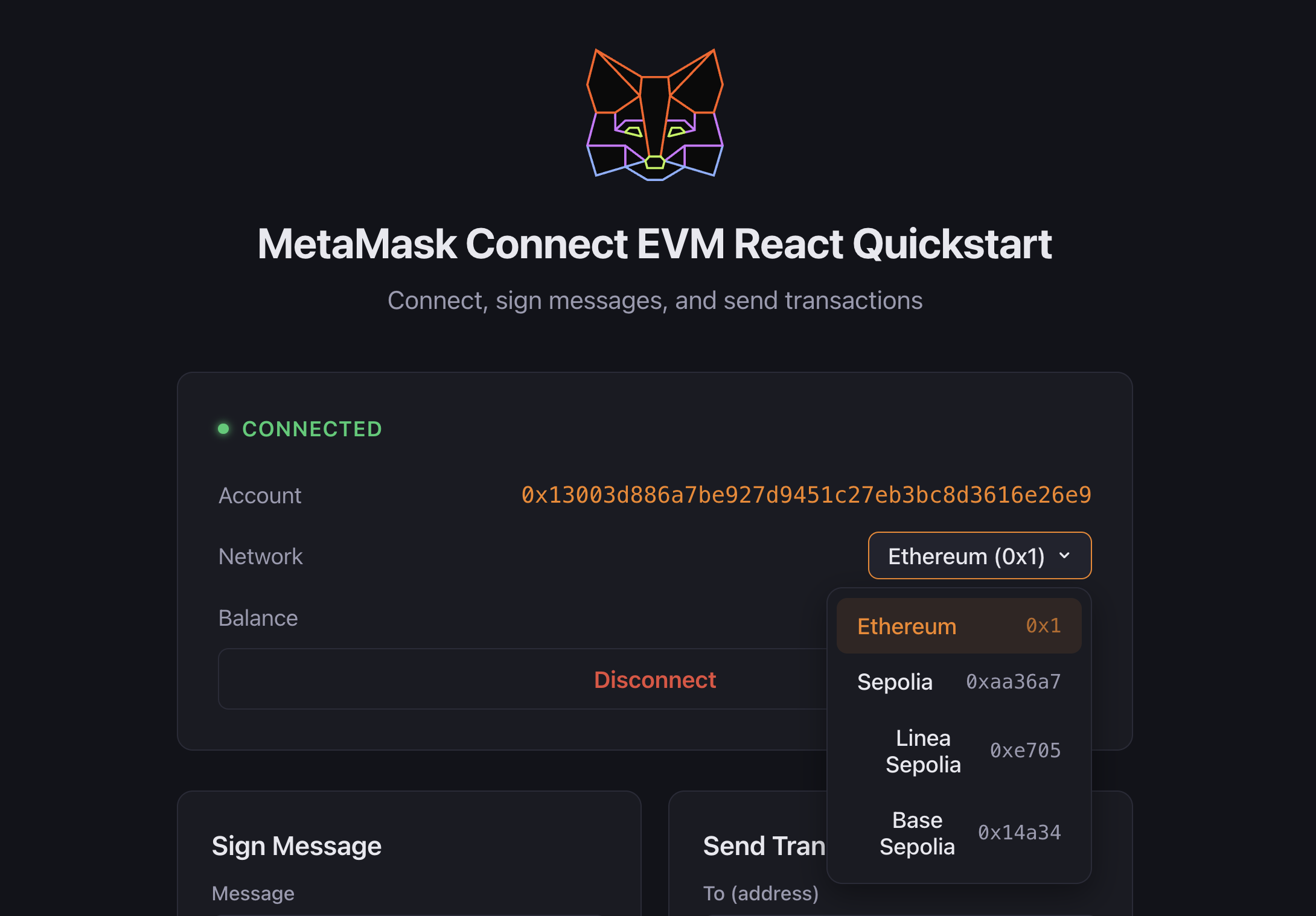 MetaMask Connect EVM network switching demonstration between Ethereum networks